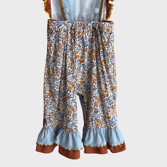 Busy Bee Smocks Honey Floral Ruffle Hem Romper Overalls Blue Rust Gold 18M - Picture 7 of 11